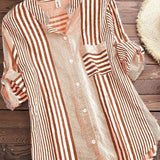 Damebluse – Afslappet pasform – Stribet – Høj hals – 3/4 ærmer – Åndbart stof