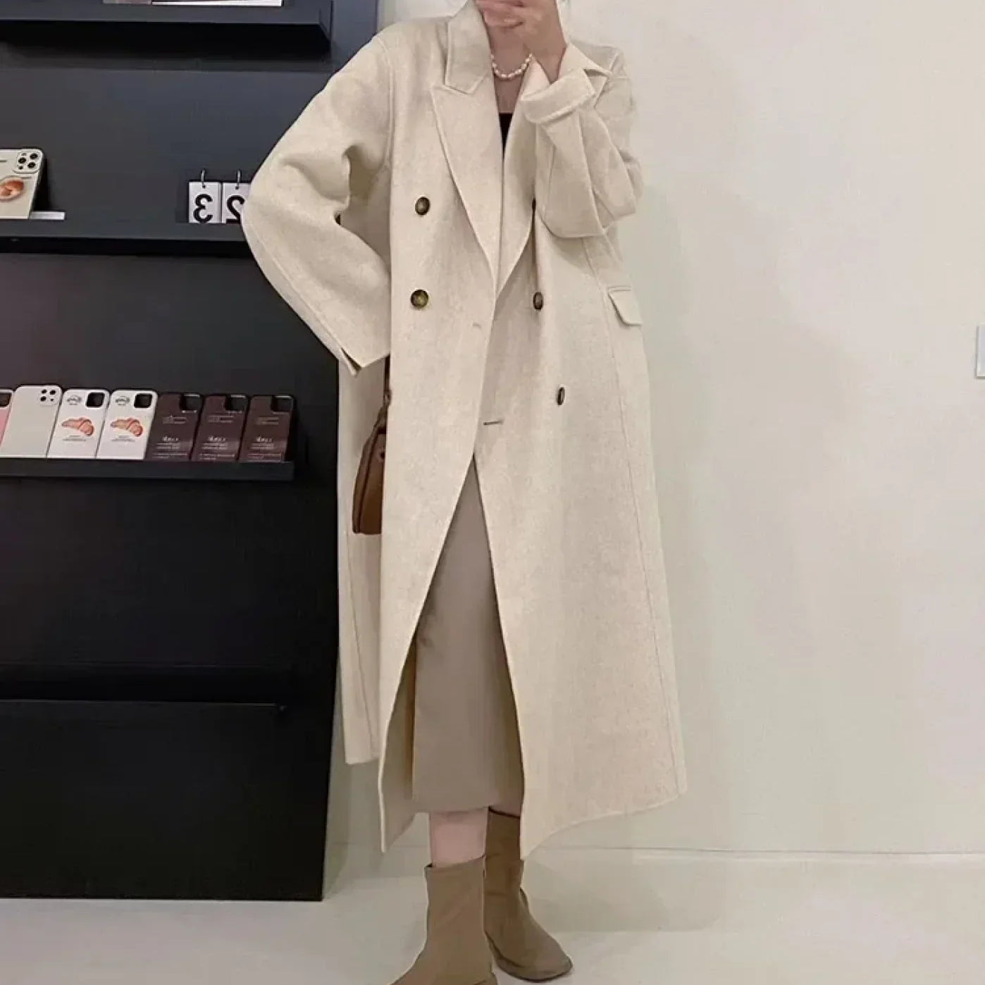 Kashmiruldfrakke med nedhængt krave