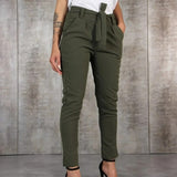 Damebukser - Strækbart vævet stof - Høj talje - Slim fit - Bindebælte