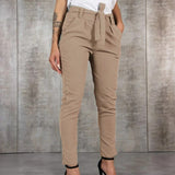 Damebukser - Strækbart vævet stof - Høj talje - Slim fit - Bindebælte