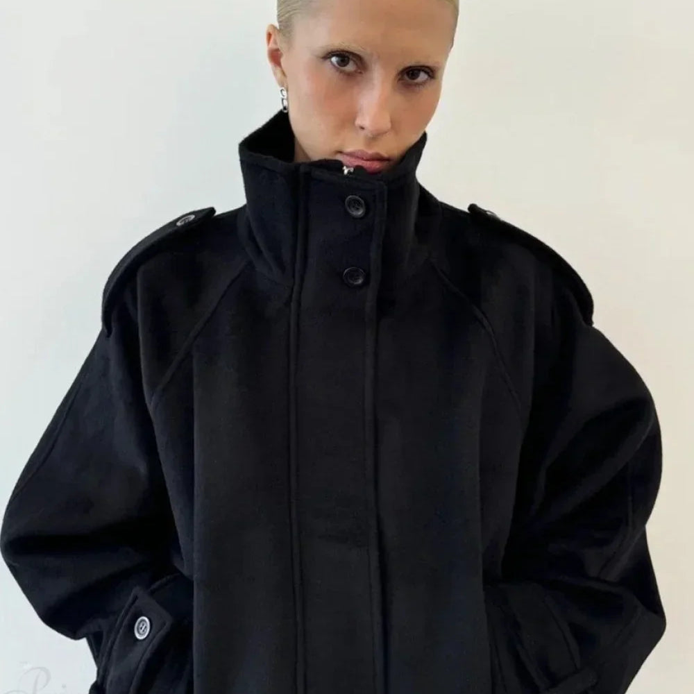 Vintage kort uldfrakke med opretstående krave og knapper