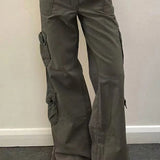 Cargobukser med flere lommer i vasket denim