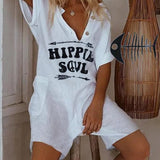 Damejumpsuit med knapper - Hippieprint - Korte ærmer - Afslappet pasform