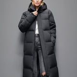 Lang damefrakke – Varm dun – Overdimensioneret pasform – Hætte – Behagelig quiltet