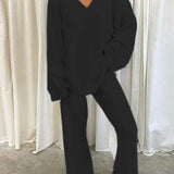 Dame loungewear-sæt – Blød strik – Langærmet top med V-hals – Bukser med lige ben