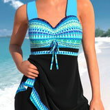 Dametankini – Tætsiddende snit – Åndbart strækstof – Brystbånd – Patchworkmønster