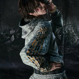 Y2K hættetrøje med leopardstriber og lynlås