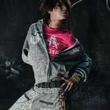 Y2K hættetrøje med leopardstriber og lynlås