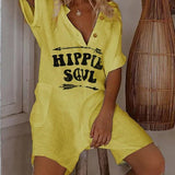 Damejumpsuit med knapper - Hippieprint - Korte ærmer - Afslappet pasform